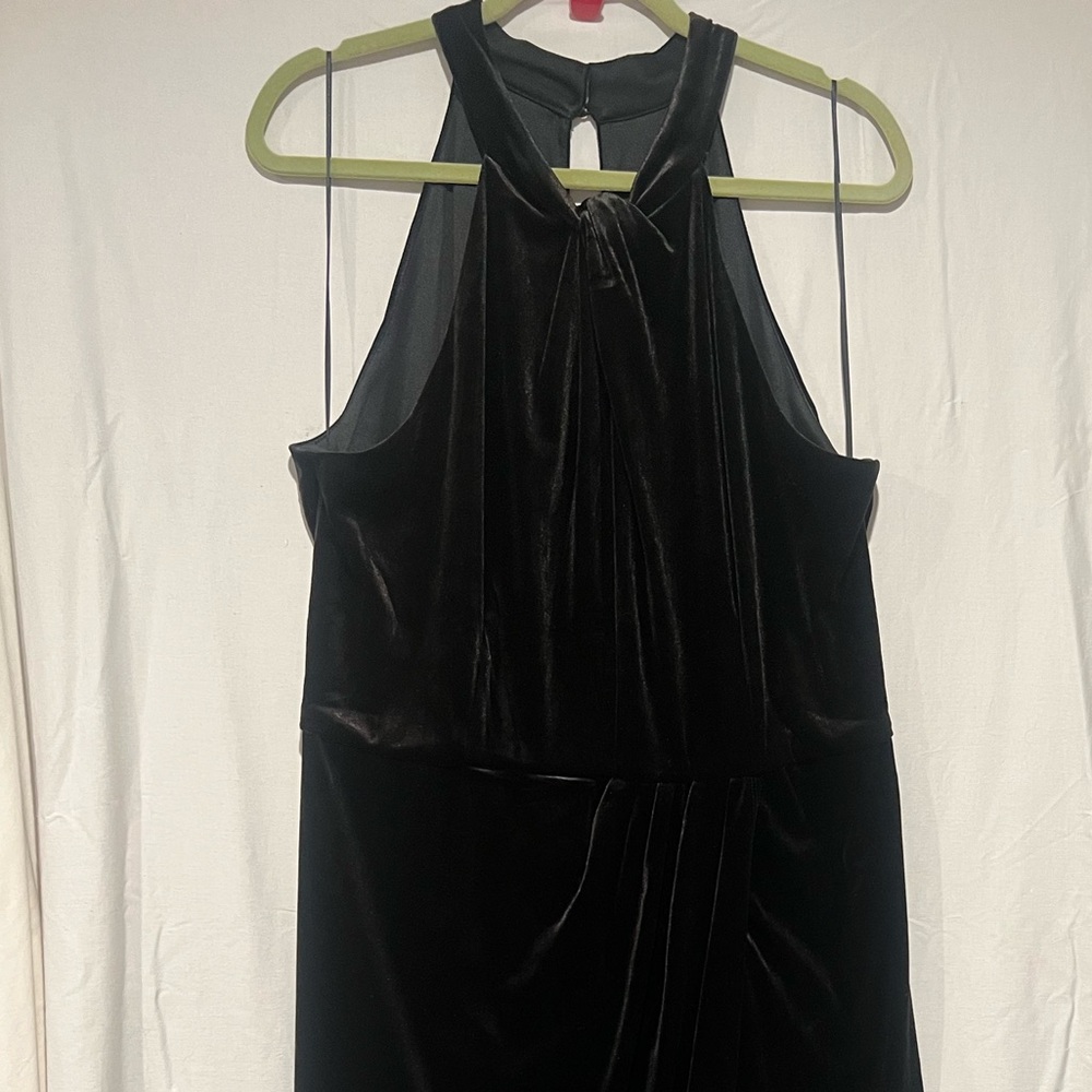 Maia Black Brown Velvet Front Slit Halter Twist Neck Maxi High Low midi Dress - Picture 3 of 11